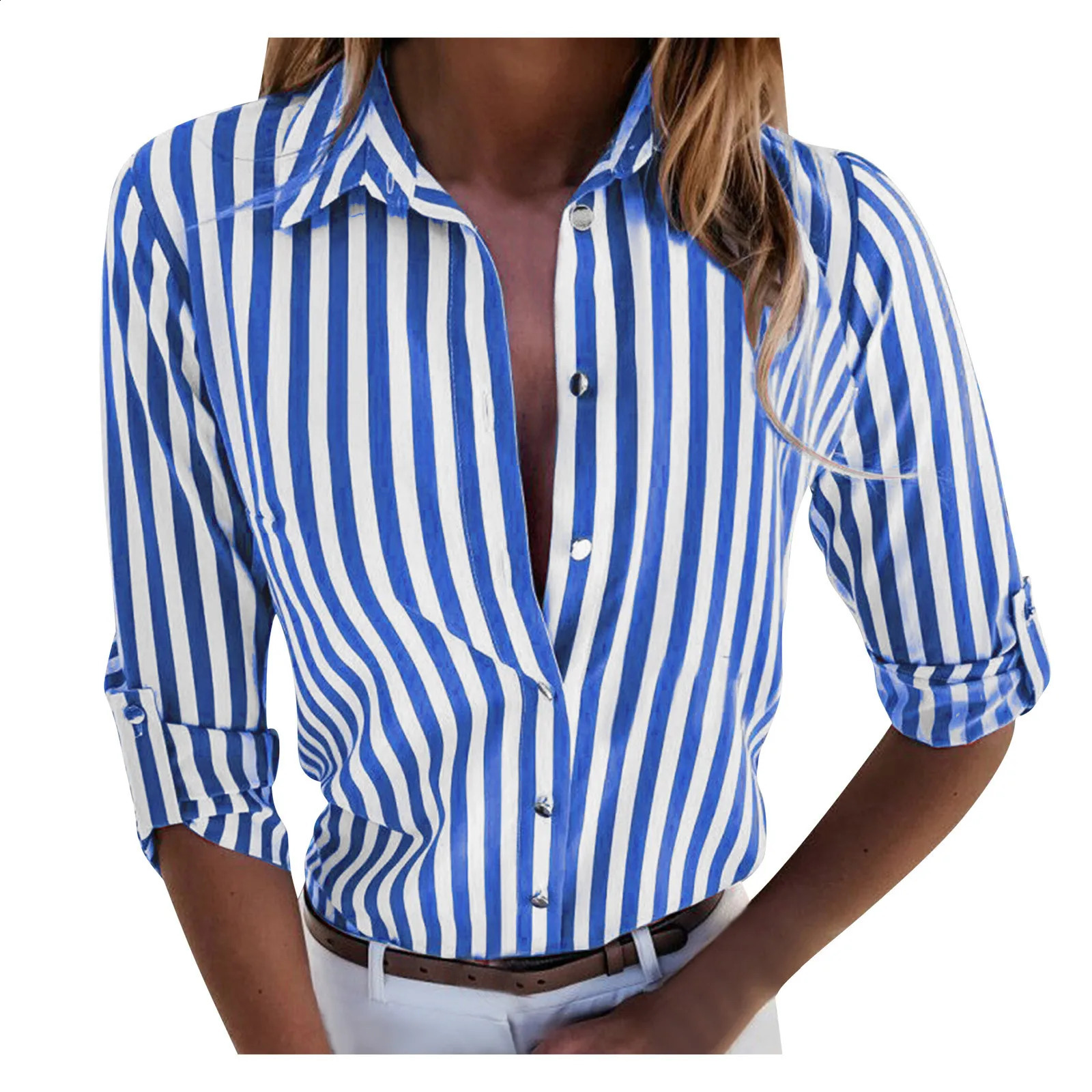 Y2k style womens striped printed shirt retro button down long sleeved lapel top blue Para Mujer 240822