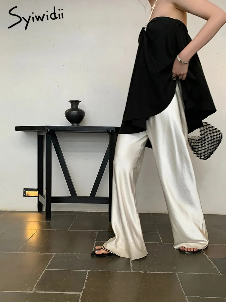 6 Colors Elegant Satin Wide Leg Pants Women Korean Fashion Casual Pants Spring Summer Straight Trousers Y2k Clothes 240821