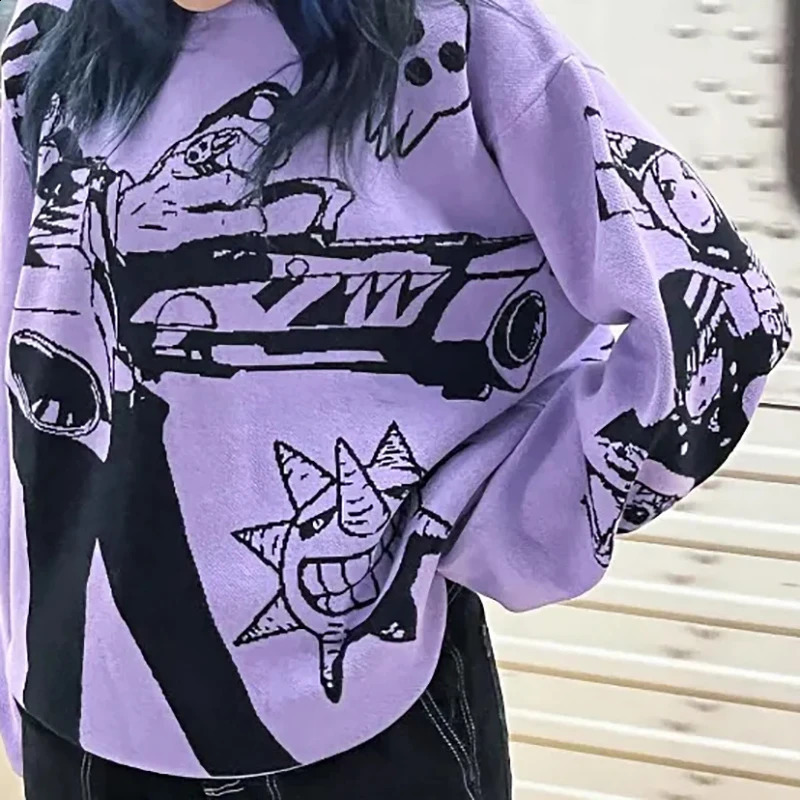 Y2K Sweater Cute Pullover Womens AutumnWinter Knitwear Harajuku Anime Pattern Large Street Style Couple Top 240821
