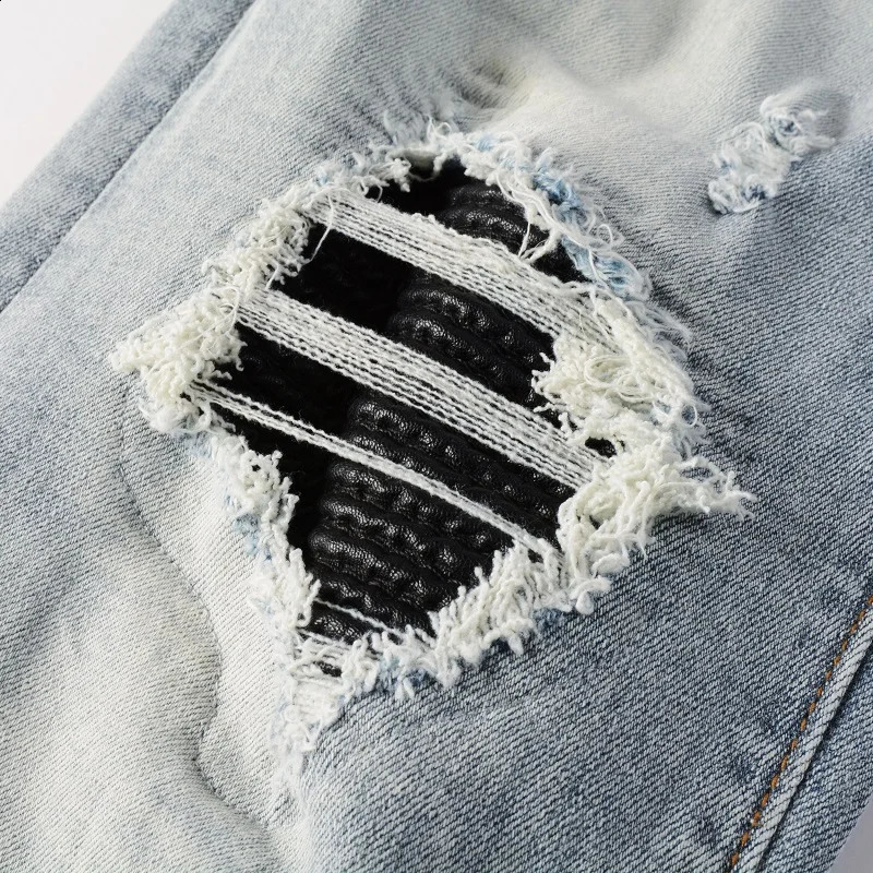 Men Leather Patches Denim Jeans Streetwear Holes Ripped High Stretch Pants Light Blue Skinny Tapered Trousers 240821