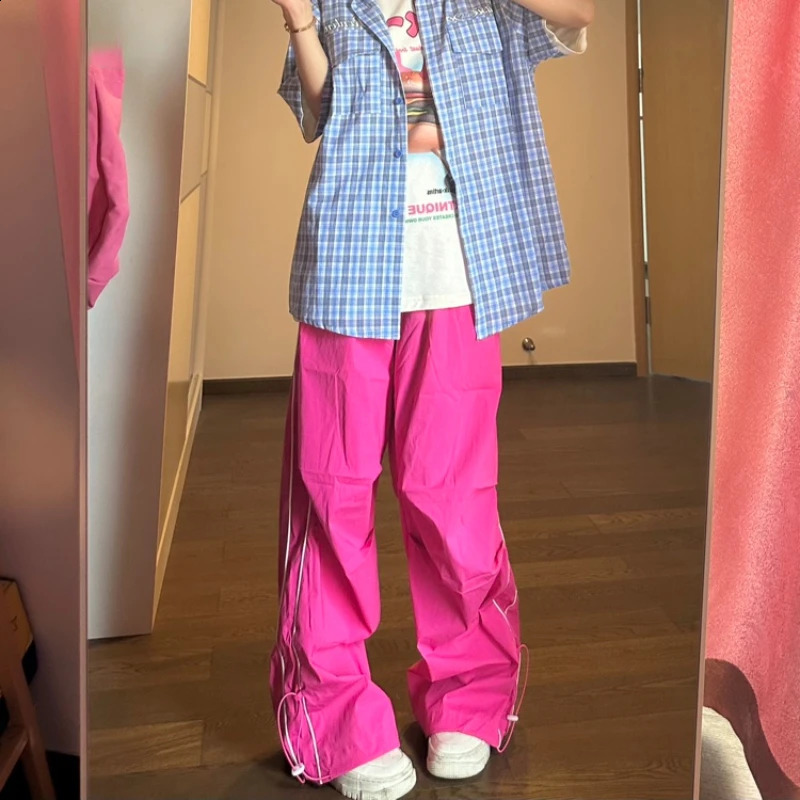Pink Y2K Track Pants Women Harajuku Quick Dry Sports Trousers Streetwear Hip Hop Wide Leg Sweatpants Female Casual Oversized 240821