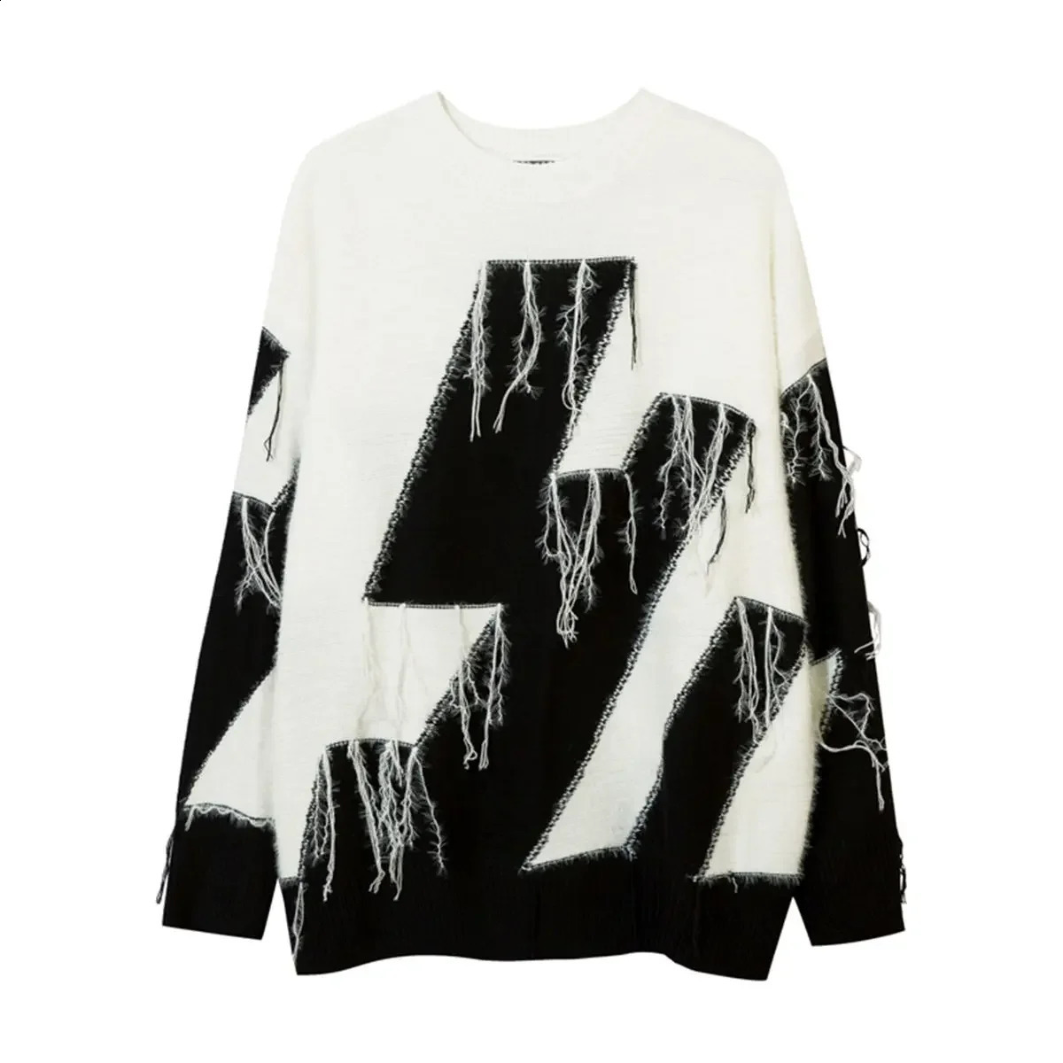 American Retro Autumn And Winter Loose Fringed Round Neck Knitted Thick Sweater Men n Sense Of Contrast Street Hip-hop Top 240821