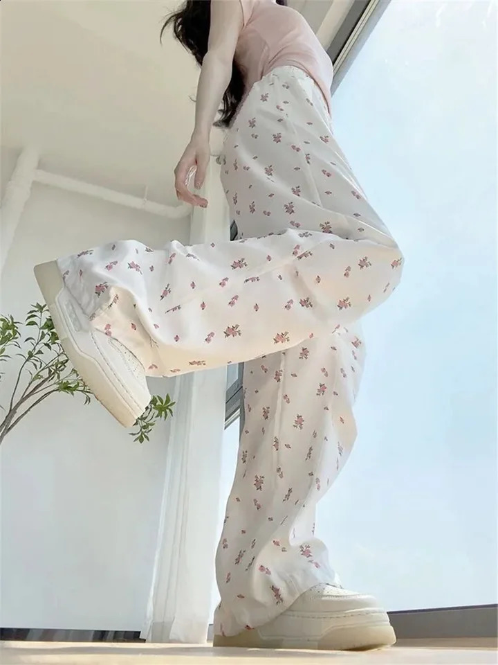American Casual White Y2k Flower Print Cargo Pants Women Summer High Waisted Y2k E-Girl Straight Chic Wide Leg Trousers 240821