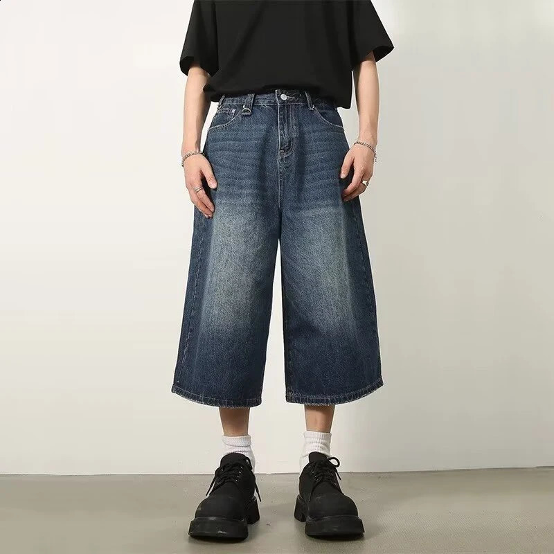 Vintage Y2k Baggy Denim Shorts Wide Leg Pants For Women Men Fashion High Waisted Wash Knee Length Jeans Shorts Oversize Pants 240821