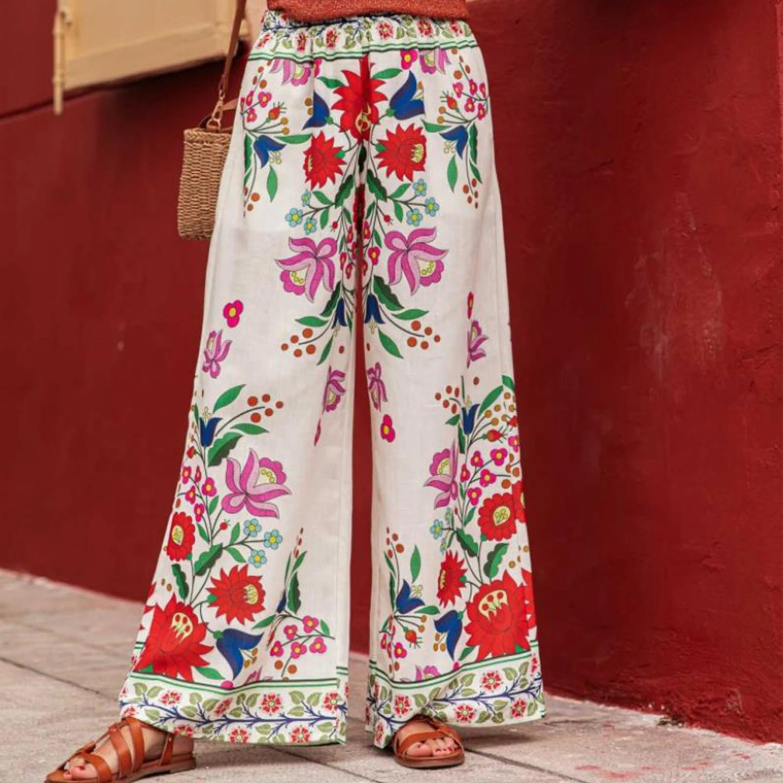 Hirigin Vintage Boho Women Wide Leg Pants Casual Floral Print Loose Elastic Waist Trousers Y2K Holiday Beach Streetwear 240821
