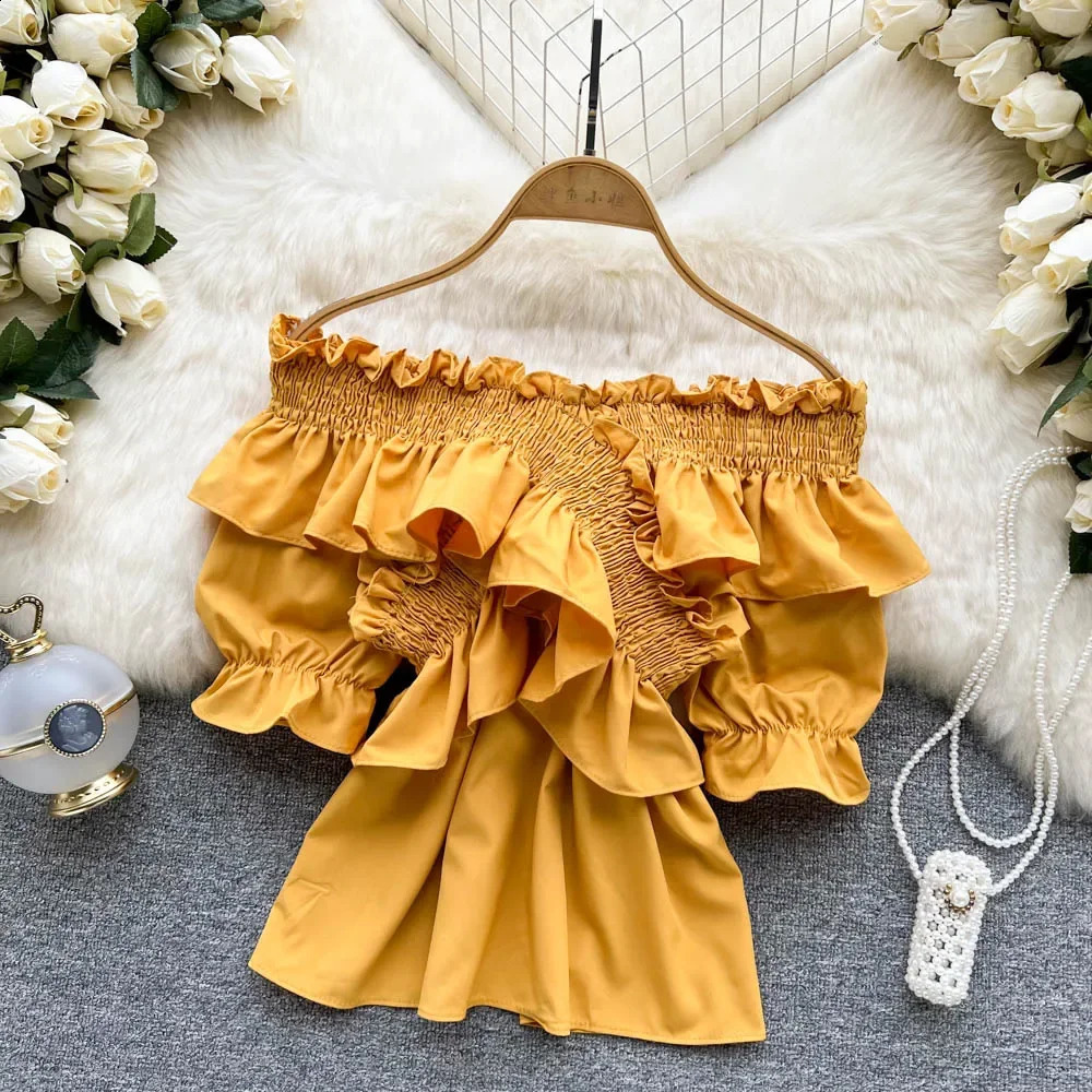 Elegant Blouses for Women Korean Style Blouse Short Sleeve Off Shoulder Shirt Woman Sweet Y2k Crop Top Femme Blusas Drop 240821