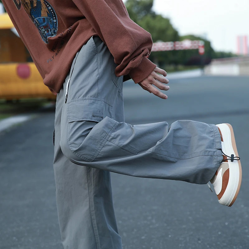 Vintage Cargo Pants Men Fashion Streetwear Pockets Wide Leg Straight Y2k Casual Trousers Baggy Drawstring Overalls Black/Gray 240822
