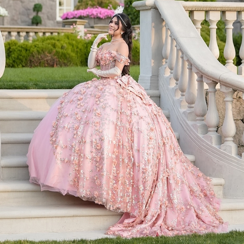 Pink Shiny Off Shoulder Ball Gown Quinceanera Dresses 3D Flowers Appliques Lace Beads Tull Corset Vestido De 15 Anos Sweet 16 Dress