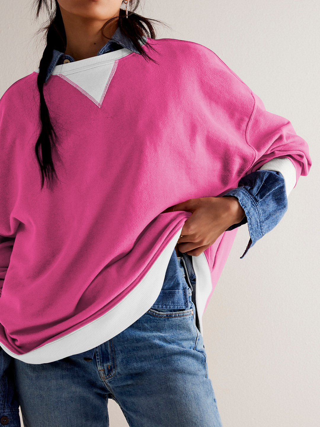 Personalized street style contrasting color round neck design top, women's hoodie jacket, trendy brand dongdumaoyi