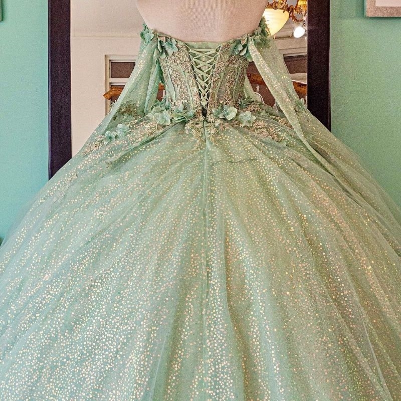 Sage Green Sequin Princess Quinceanera Dresses Applique Flower Beads With Cape Corset Sweet 16 Dress Birthday Vestidos De 15 Anos