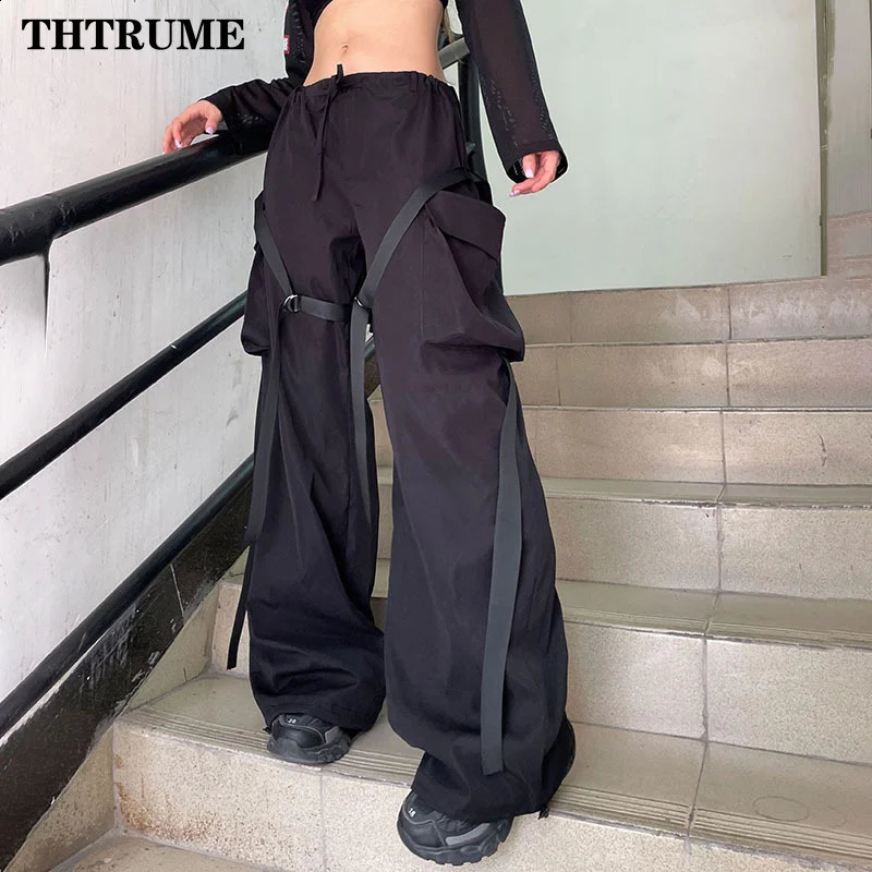Women Fashion Oversized Pants High Street Vintage Y2K Pocket Elastic Waist Wide Leg Pant Casual Straight Cargo Baggy Trousers 240821