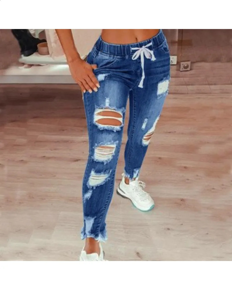 S-5XL Size Tight Jeans Womens Mid Waist Lace up Slim Fit Elastic Ft Perforated Denim Pants Z260313
