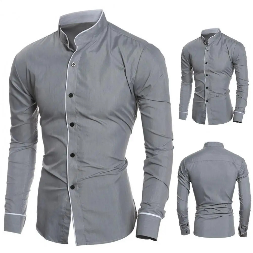 Men Casual Formal Shirt Long Sleeve Slim Business Dress Shirts Top Single-breasted Stand Collar Contrast Color Line Autumn Shirt 240822