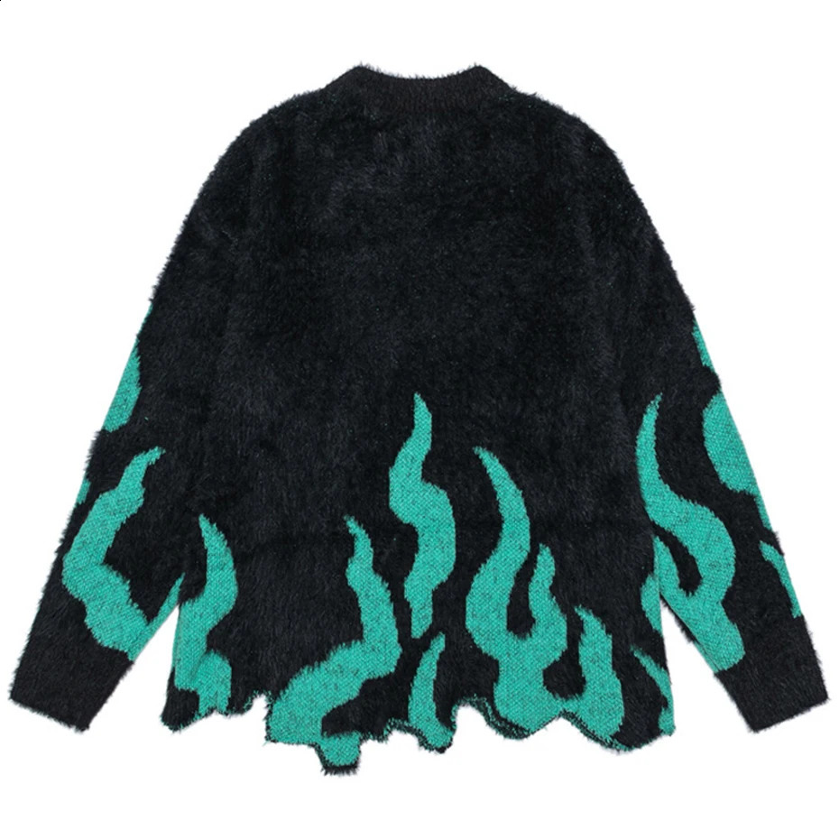 Street fashion hiphop mens sportswear flame pattern irregular hem black loose knit skydiving pulley Harajuku 240821