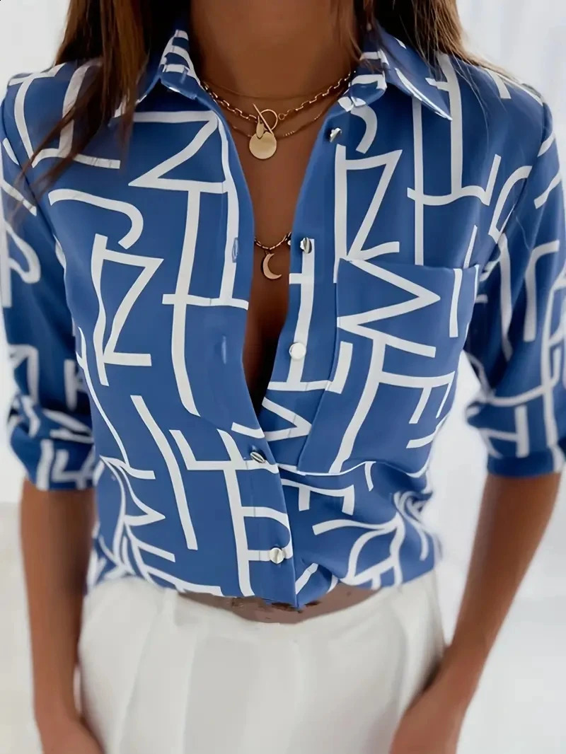 Elegant Women Blouse 2023 Spring and Autumn Temperament Top Long Sleeve Stripe Print Office Slim Fit Pocket Shirt 240821