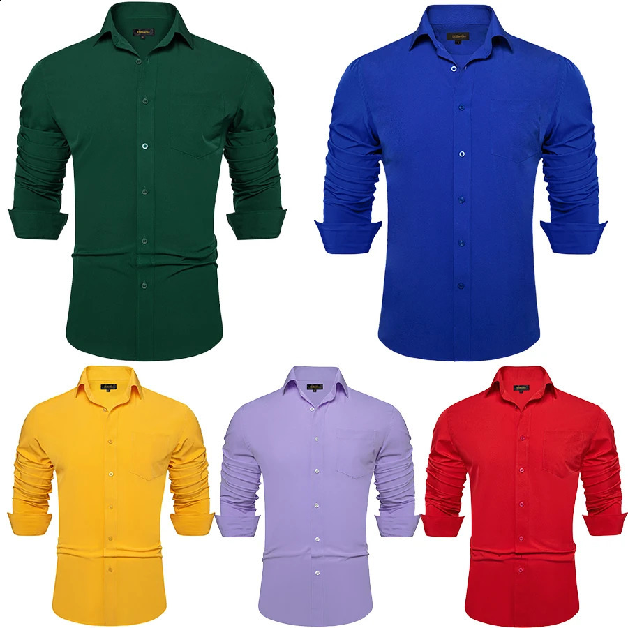 Solid Men Shirts Long Sleeve Cotton Polyester Blue Green Yellow Classic Basic Casual Slim Business Office Shirts Clothes 240822