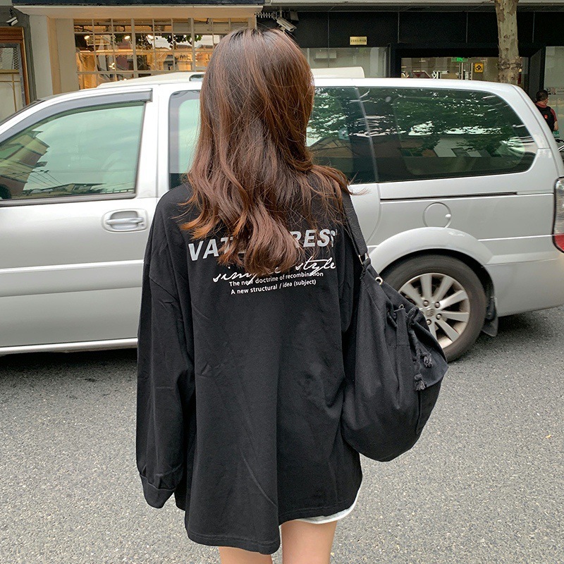 Spring Autumn New Korean Edition Front and Back Letter Printed Thin Sleeve Hoodie for Female Students, Medium to Long Length Round Neck Top dongdumaoy