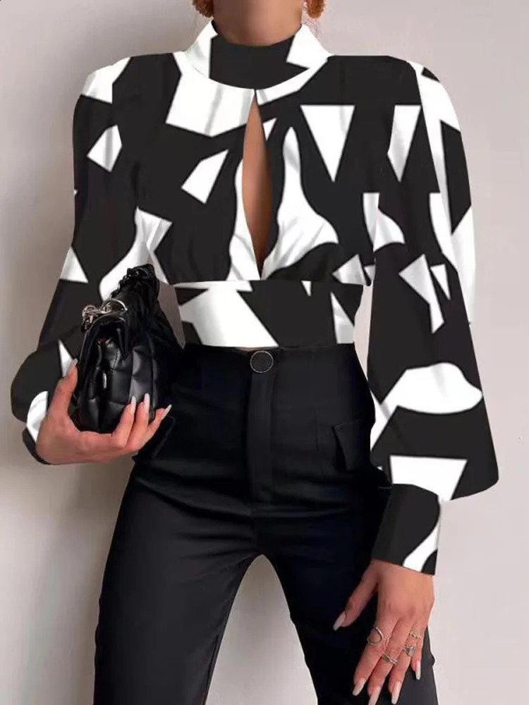 Spring womens sexy backless hollow printed shirt top casual standing long sleeved office fashionable party crop 240822