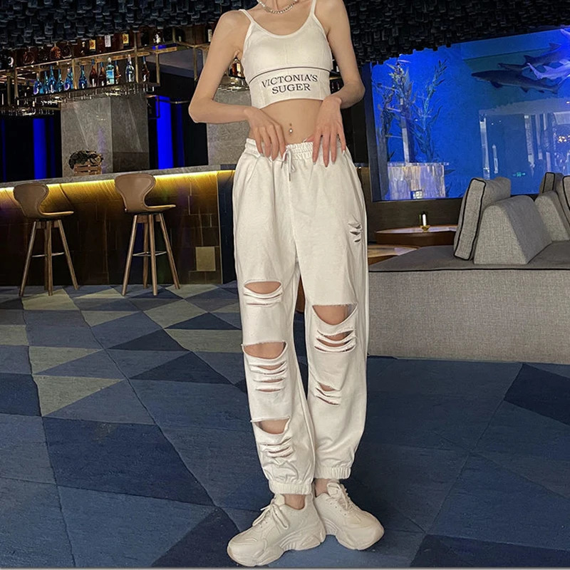 MEXZT Fashion Hole Streetwear Women Harem Pants Summer Harajuku Hollow Out High Waist Elastic Sweatpants Casual Korean Y2k Pants 240821