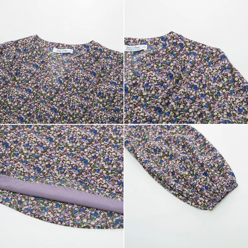 Jasambac womens shirt elegant printed loose fitting casual long sleeved Vneck floral top 240822