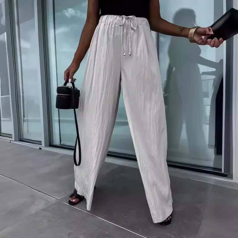 Womens Y2K Casual Solid Pants Drawstring Elastic Waist Loose Straight Long Trousers with Pockets Streetwear 240821