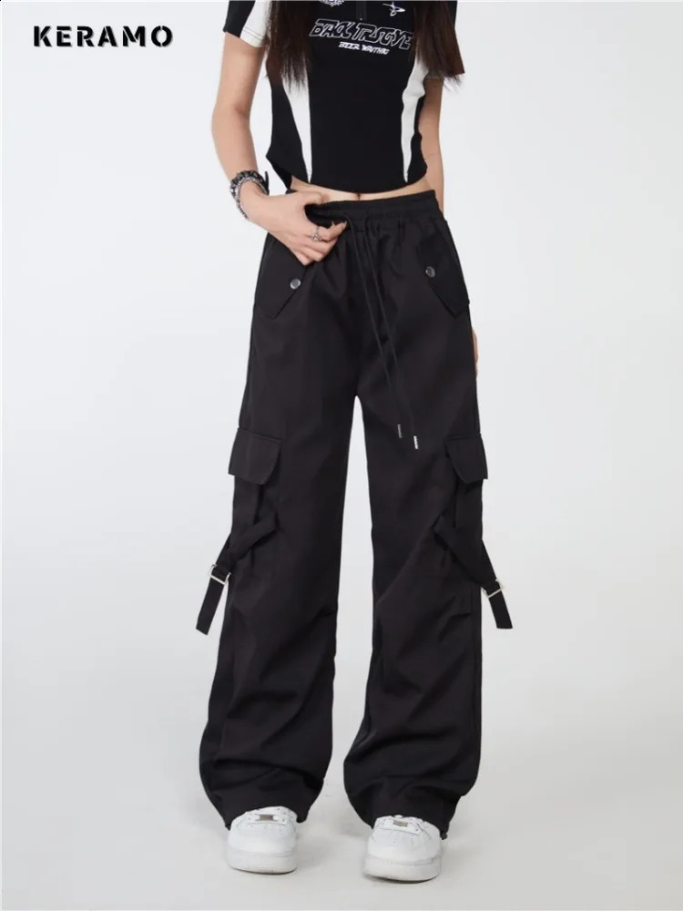 Womens High Street Casual Overalls Solid Green Loose Wide Leg Pants American Retro Elastic Waist Y2k Drawstring Cargo Pants 240821