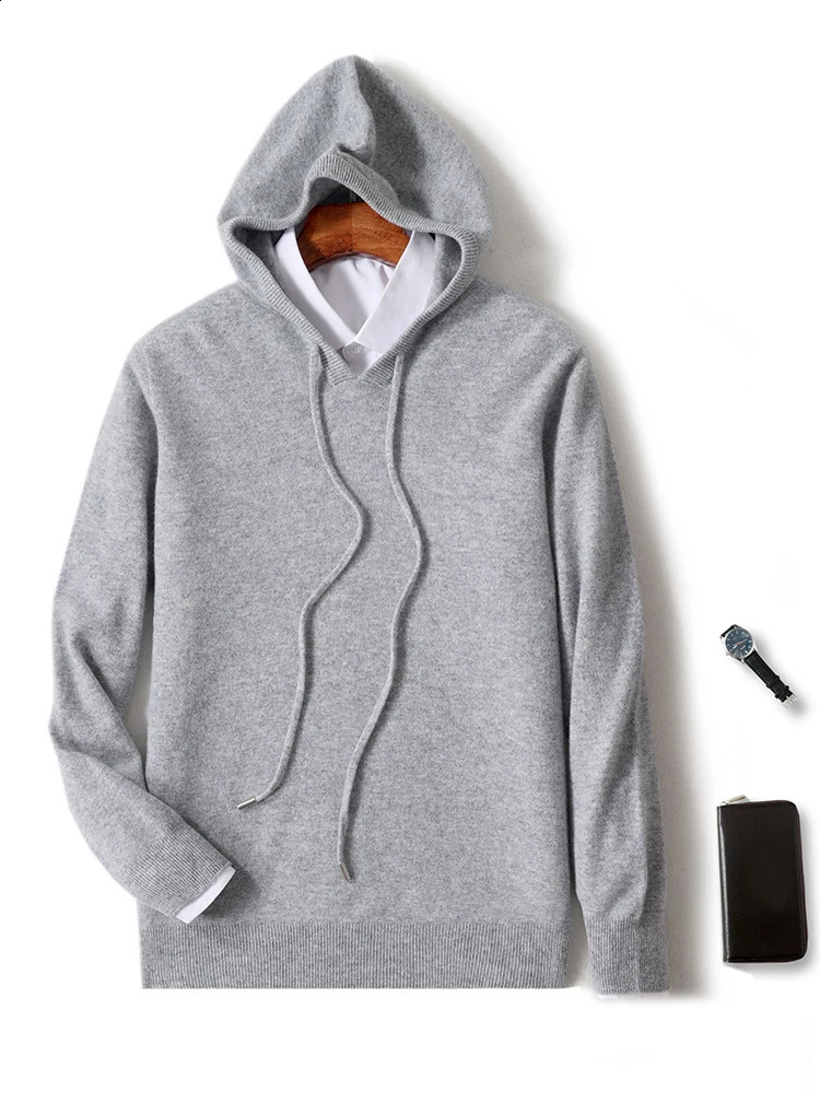 100%Pure Wool Hoodie Mens Hooded Collar Knit Pullover Casual All-Match Large Size Sweater Autumn Winter High-End Base Shirt 240821