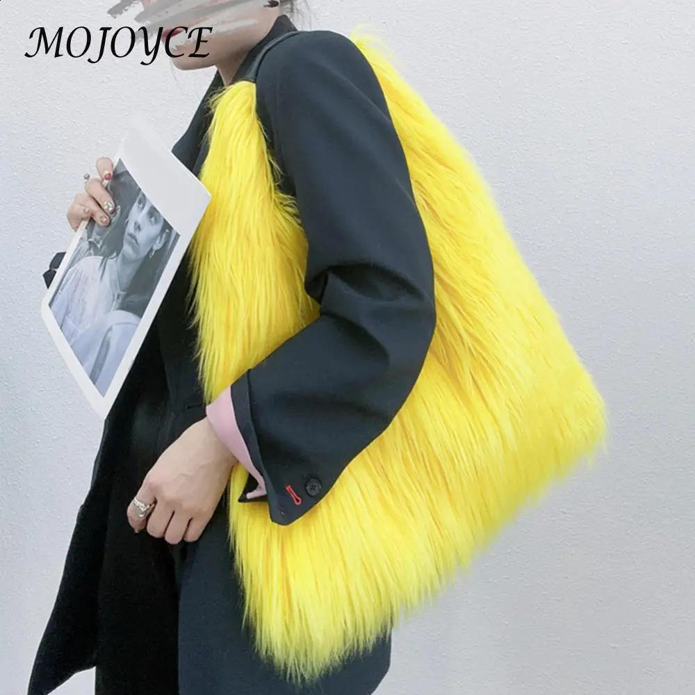 Women Fluffy Shoulder Bag Hasp Plush Tote Handbag Casual Top Handle Bag Versatile Large Capacity Fall Winter Soft Bag 240821