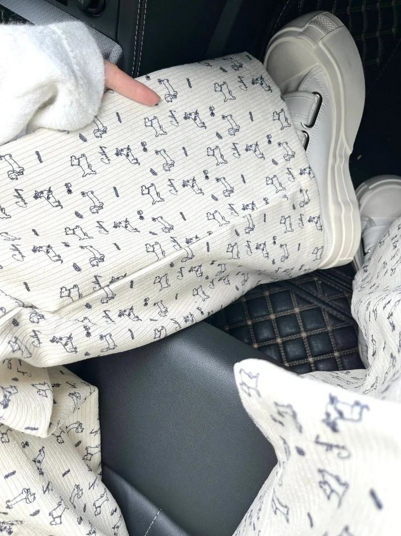 Loose Straight Casual Japanese Pant Korean Wide Leg Sweet Cartoon Women Kawaii Dog Print Pants High Waist Trousers Y2k 240821