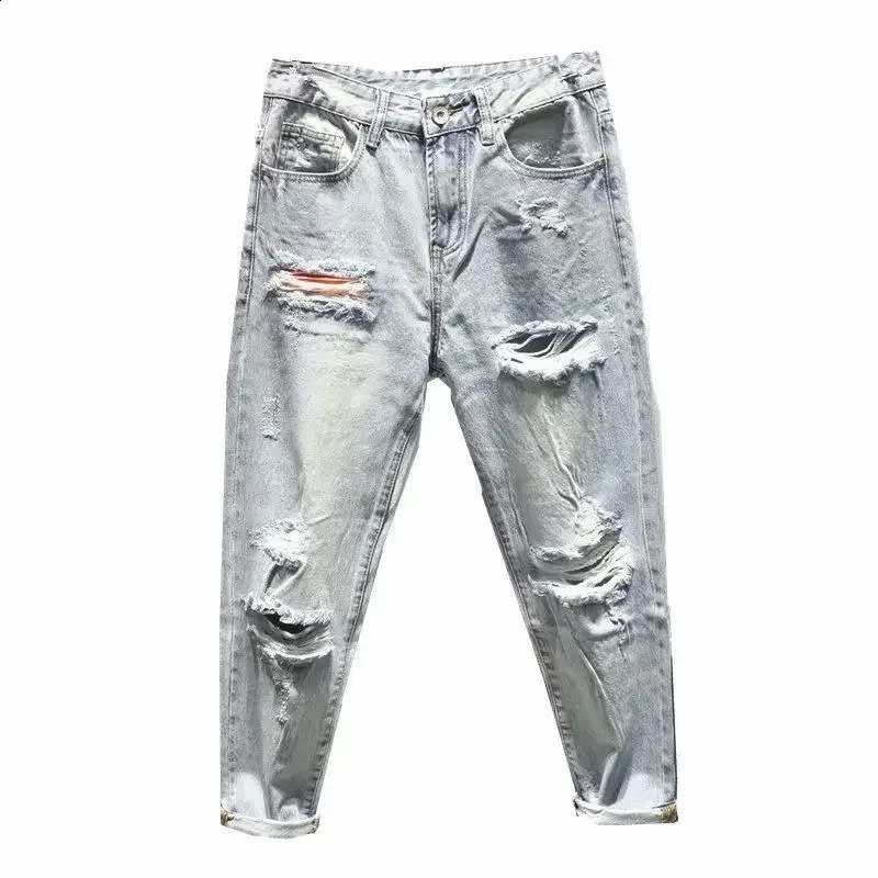 Mens Jeans with Holes Man Cowboy Pants Cropped Harem Hip Hop Trousers Torn Ripped Broken Retro Classic Trend Korean Style 240821