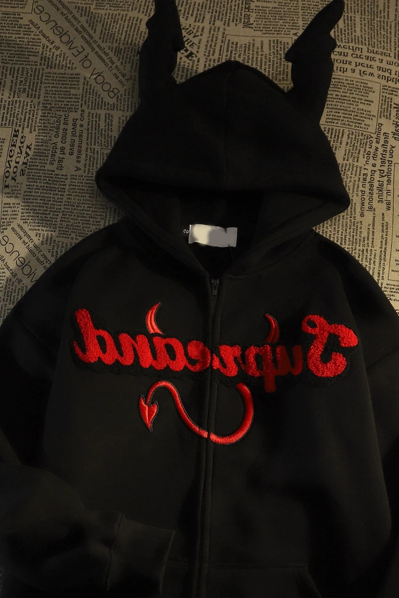Harajuku Little Devils Corner Flocked Hoodies Women Sweet Cool Embroidery Jacket Couples Coat Oversized Streetwear Y2k Clothes 240821