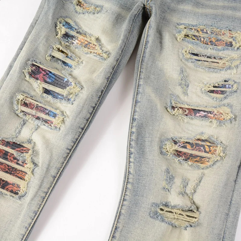Mens Cracked Patch Biker Jeans Streetwear Patchwork Skinny Tapered Pants Vintage Stretch Denim Ripped Distressed Trousers 240821
