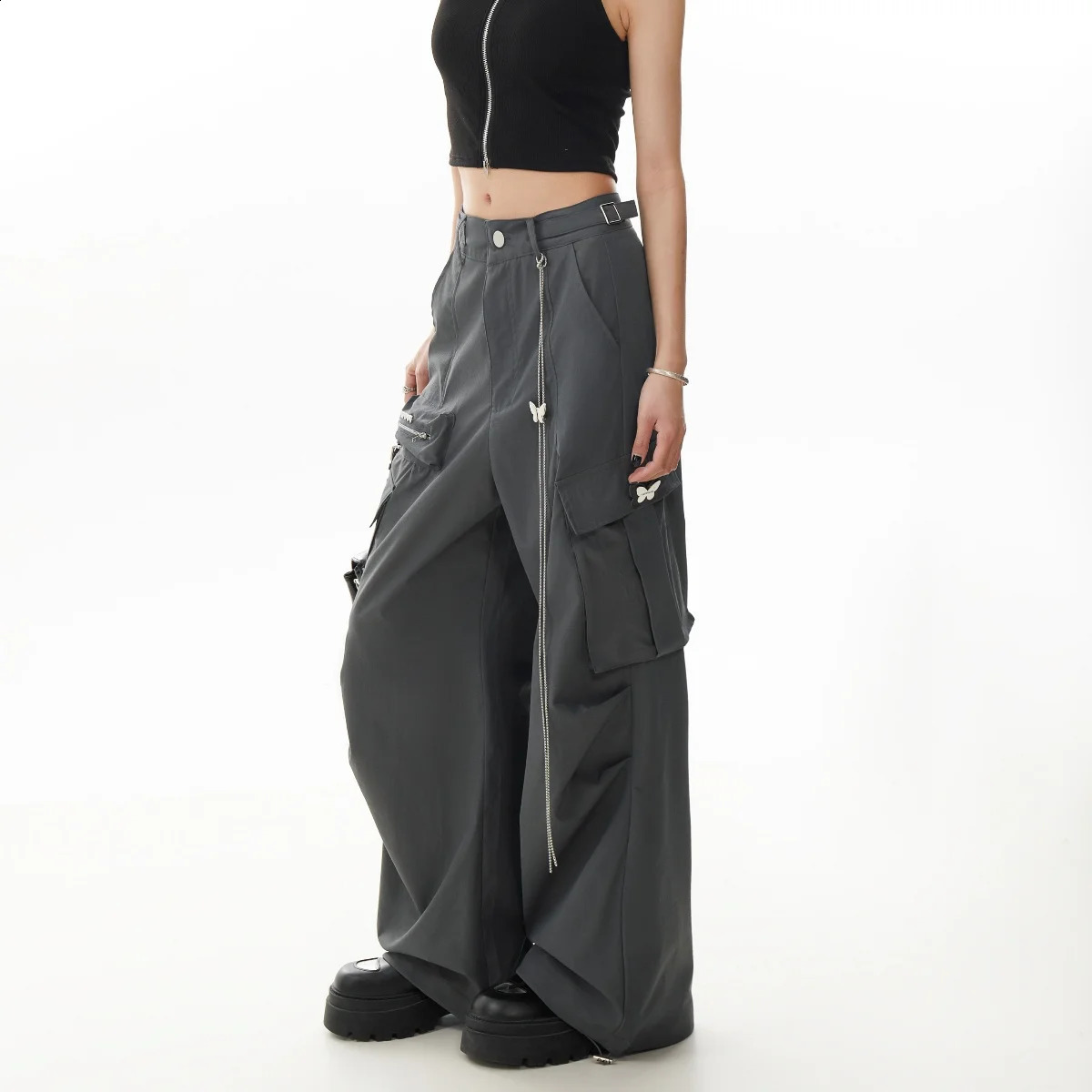 Womens Grey Baggy Cargo Pants Vintage Y2k Harajuku 90s Aesthetic Black Parachute Pants High Waist Wide Trousers 2000s Clothes 240821