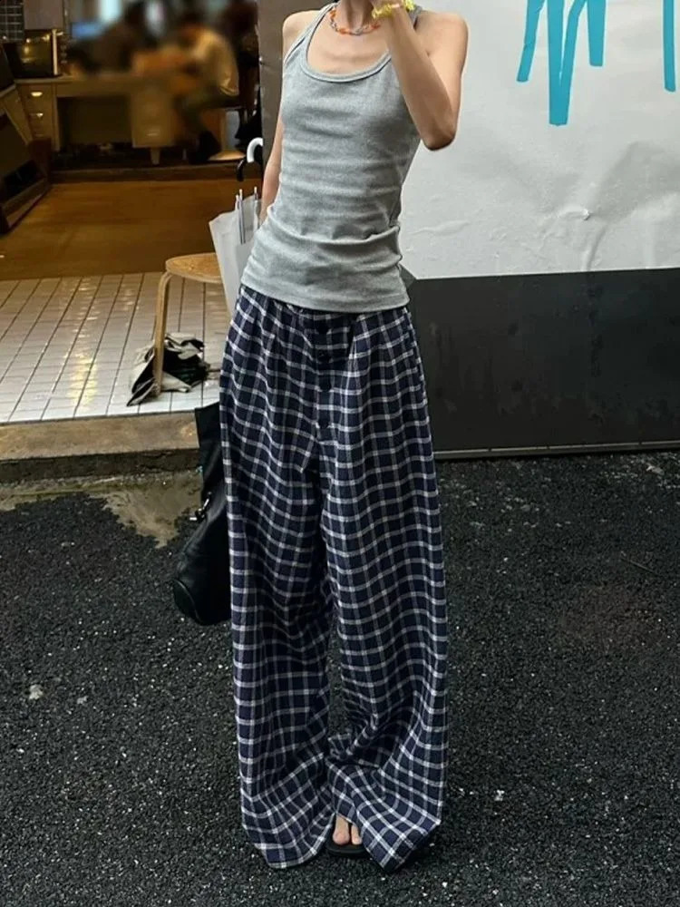 HOUZHOU Y2k Vintage Baggy Plaid Pants Woman Oversized Korean Fashion Harajuku Japanese Style Streetwear Gyaru Check Trousers 240821