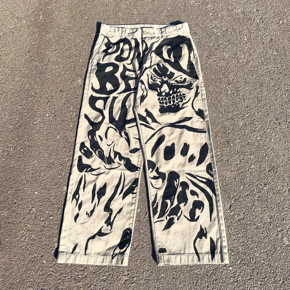 Y2k black jeans fashionable and personalized skeleton printed wide leg straight hiphop pants Gothic Harajuku mens 240807