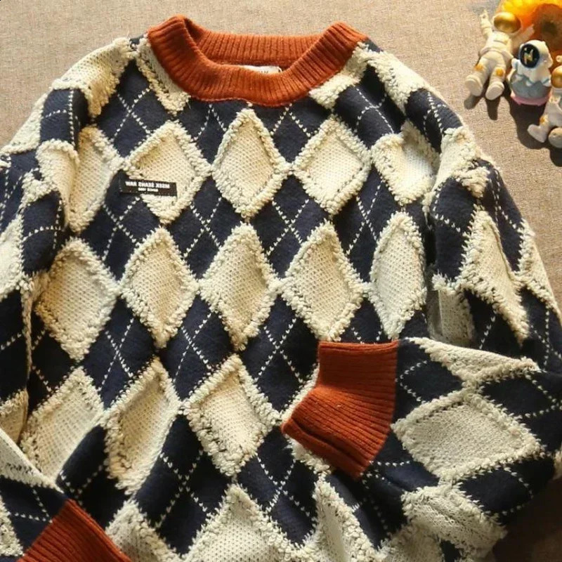 Knit Sweater Male Pullovers Spliced Mens Clothing Icon Plaid Argyle Korean Style Warm Trend Baggy Thick Winter A Cotton X 240821