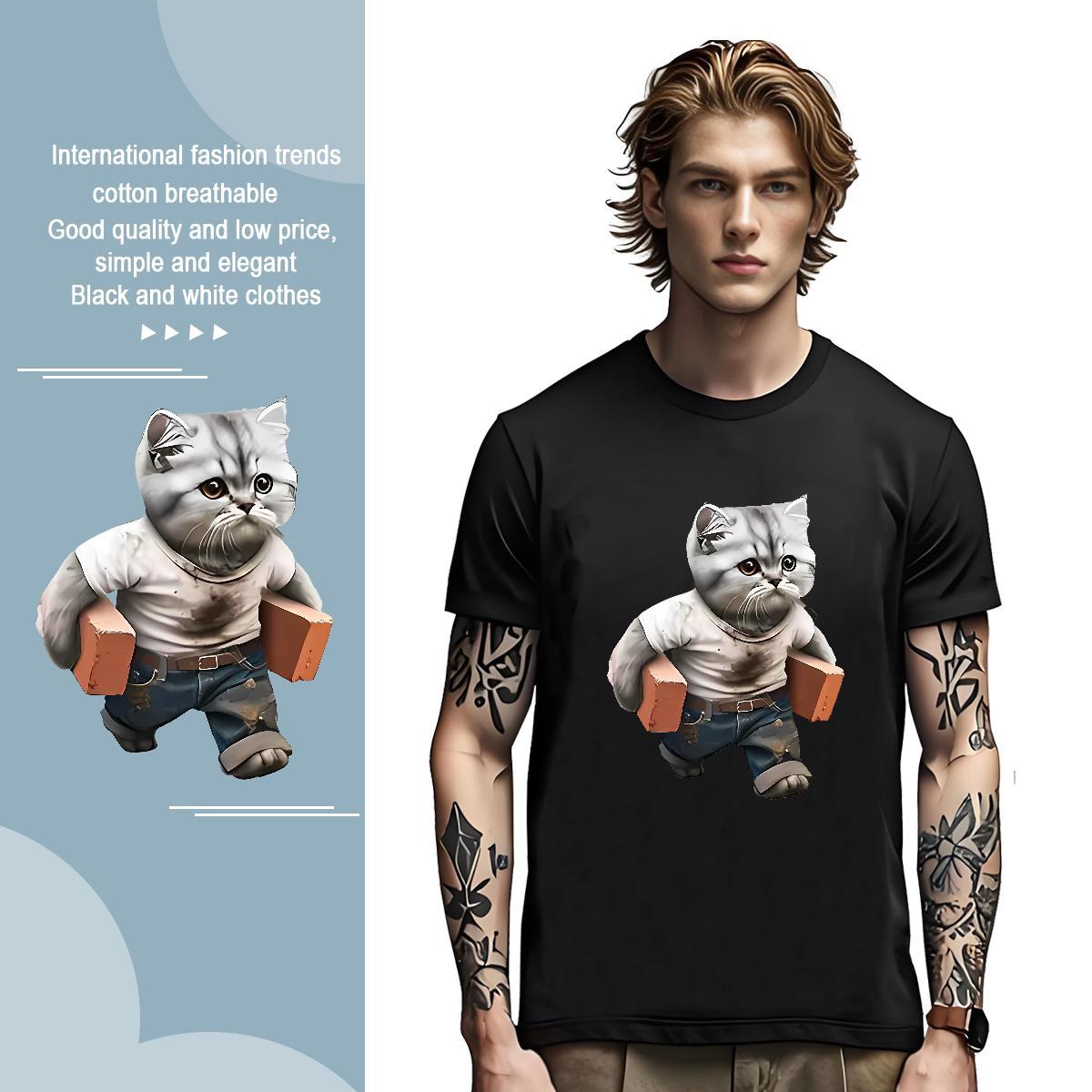 Cool T-Shirts for Men cat Breathable Crew Neck Sports Casual Custom Printed 230g Cotton Tshirts Brand Top Tees