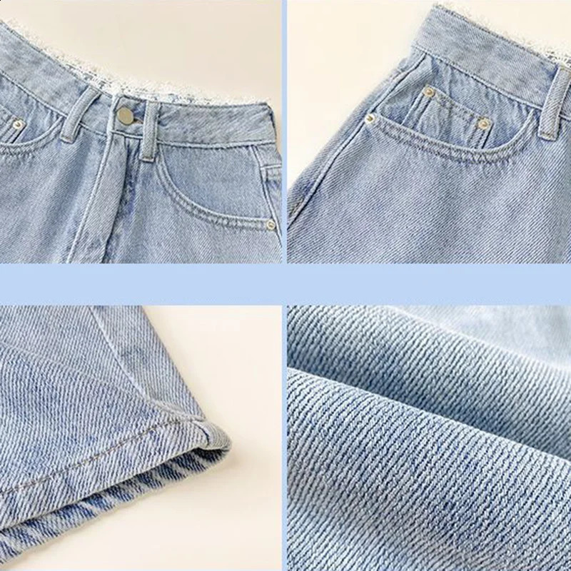 Shorts Women Denim Blue High Waist Summer Casual Bottoms Button Fly Loose Wide Leg Lace All-match Streetwear A-line Korean Chic 240821