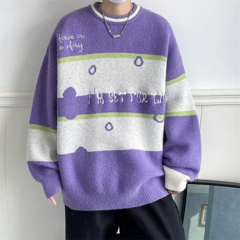Contrasting Stripe Sweater Mens Autumn/Winter Korean Slouchy Style Large Loose Laydown Round Neck Knit 240821