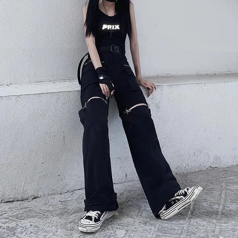 Black Pants Women Full-length Straight Wide Legs Cargo Hip Hop Holes Korean Fashion Baggy Y2k Zipper Pockets Patchwork Stylish 240821