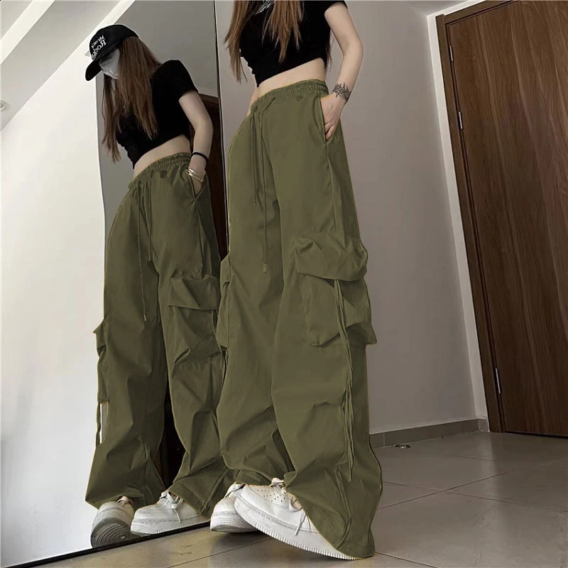 Women Y2K Cargo Pants American Retro Hip Hop Casual Bf Wide Leg Pants High Waist Big Pockets Loose Harajuku Straight Trousers 240821