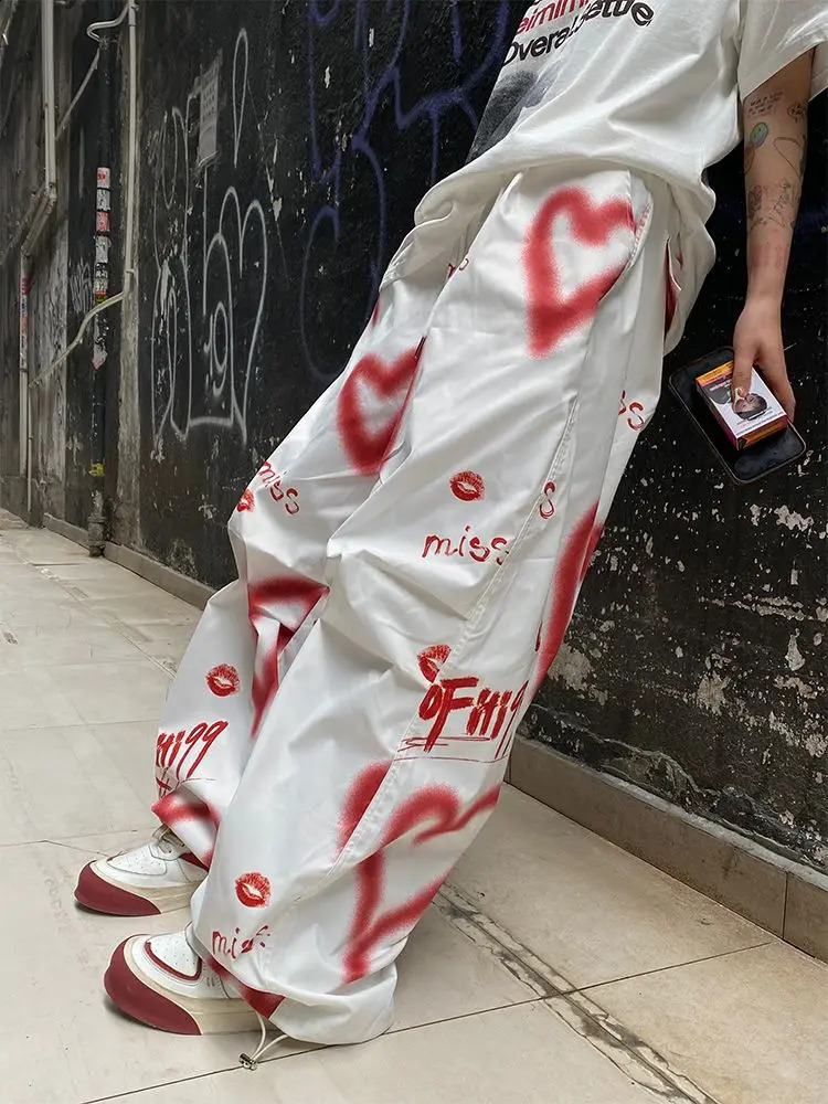 QWEEK Y2K Love Graffiti Print Cargo Pants Women High Street Hip Hop Trousers Women Pants Casual Wide Leg Floor Trousers 240821