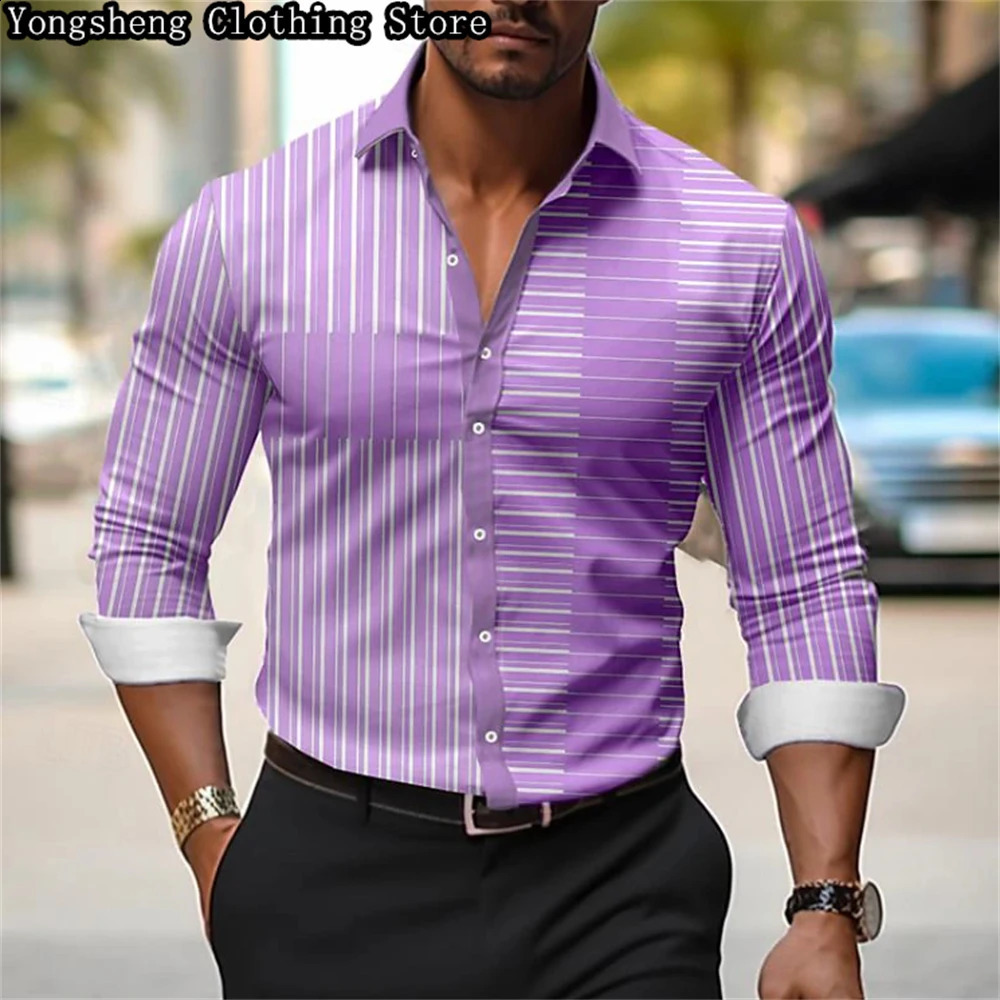 Mens long-sleeved ice silk printed shirt European -selling irregular striped splicing casual business clothing 240822