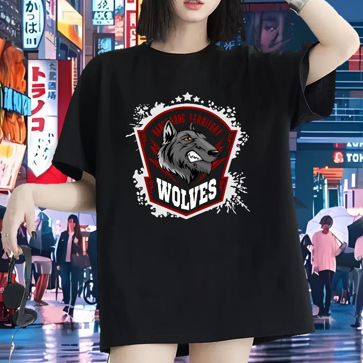 Casual New T Shirt For Woman O-Neck Short Sleeve 230g 100% Cotton Women Tees Cartoon Anime wolf Daily Wear Designer Tops Shirt