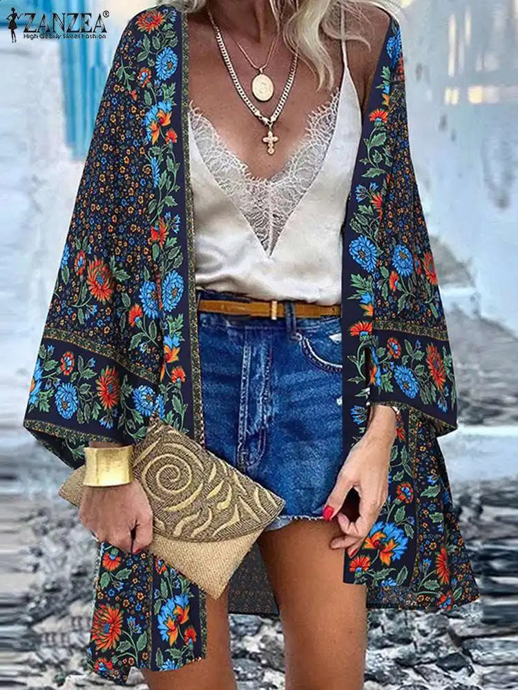 Summer Beach Cardigan Vintage Holiday Shirt ZANZEA Bohemian Women Floral Printed Long Sleeve Blouse Kimono Tops Open Up Cover 240821