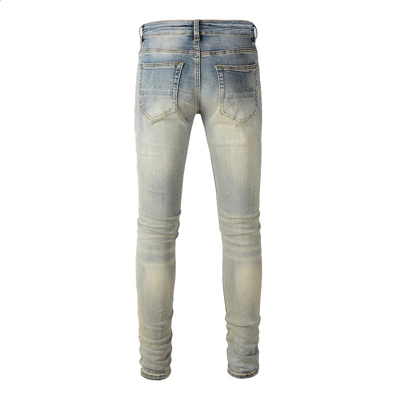 Mens Cracked Patch Biker Jeans Streetwear Patchwork Skinny Tapered Pants Vintage Stretch Denim Ripped Distressed Trousers 240821