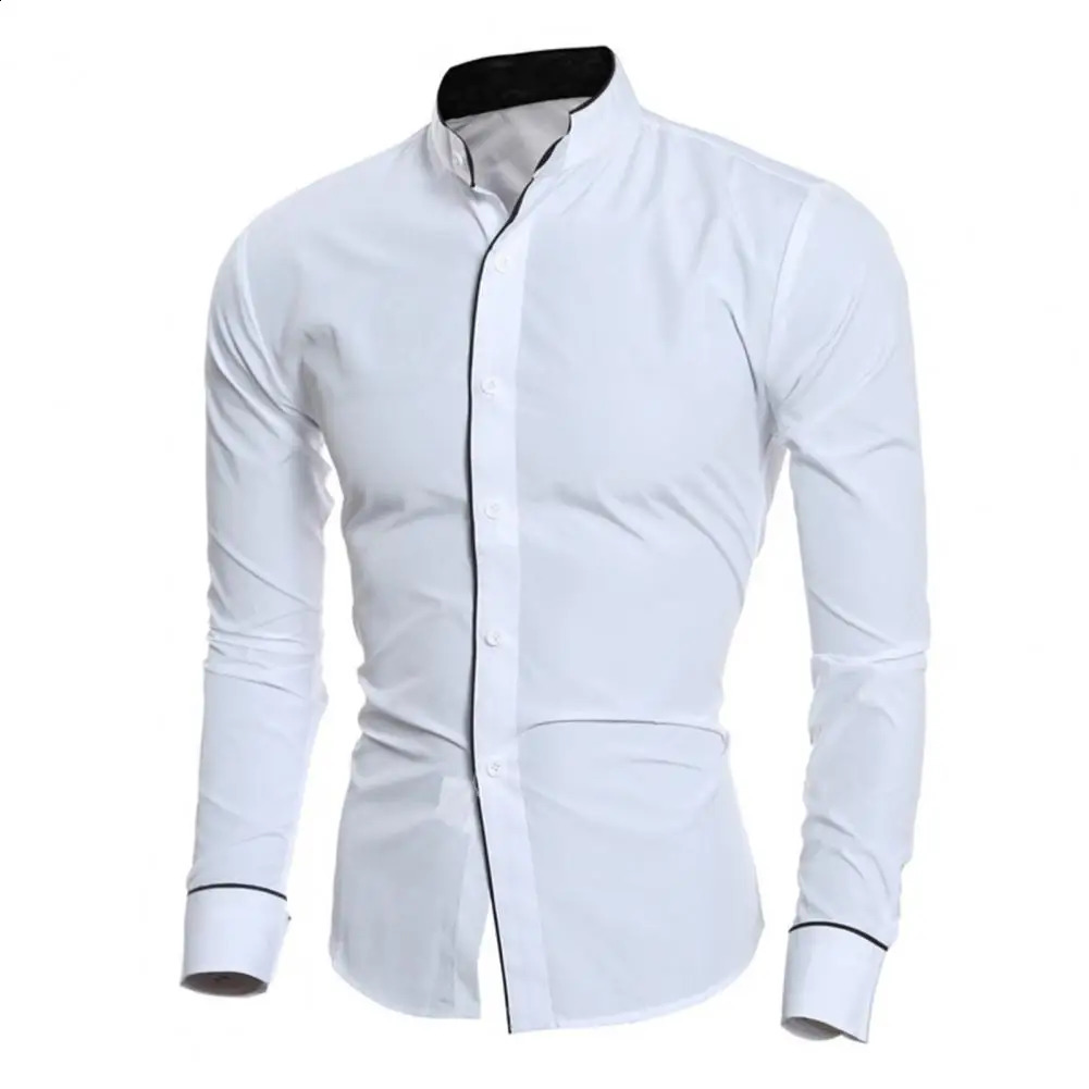 Men Casual Formal Shirt Long Sleeve Slim Business Dress Shirts Top Single-breasted Stand Collar Contrast Color Line Autumn Shirt 240822
