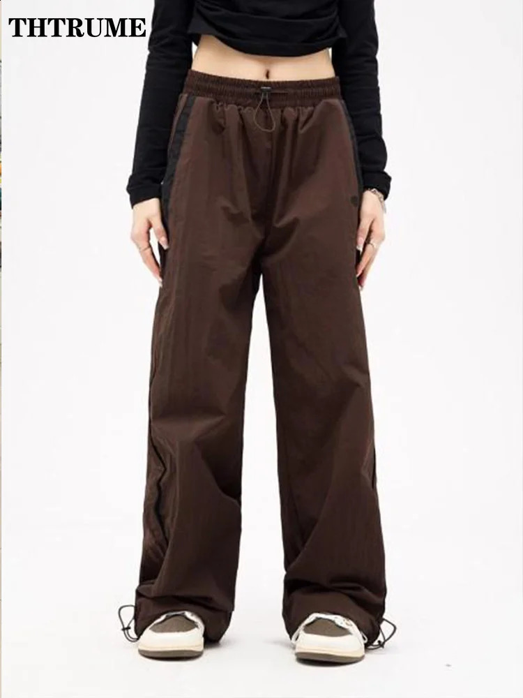 High Street Vintage Pant Fashion Women Oversized Elastic Waist Pocket Y2K Wide Leg Pants Casual Streetwear Baggy Trousers 240821