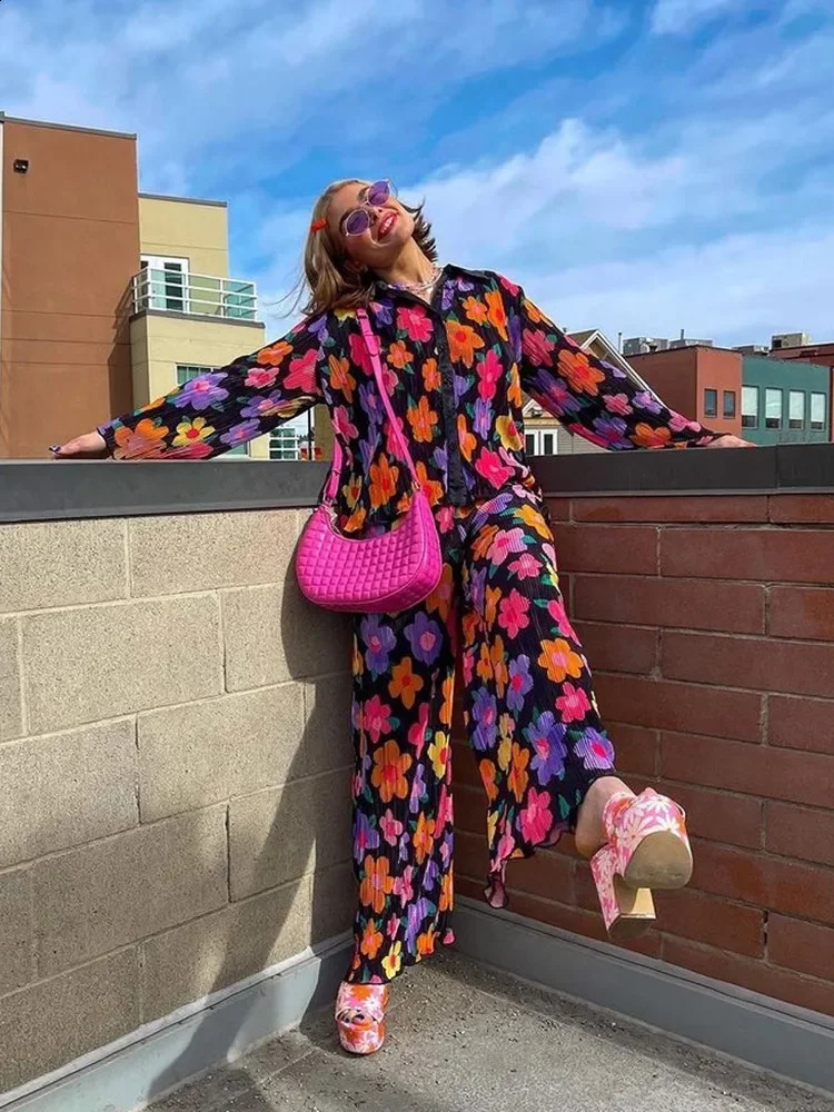 Two Piece Sets Women Spring Fall Print Button Down Long Sleeve Shirts Wide Leg Long Pants Female Y2K Casual Loose Pant Sets 240813