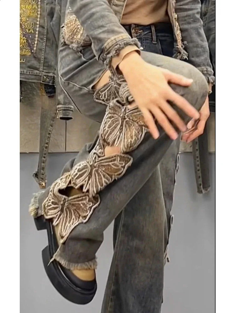Summer Y2K Strtwear Harajuku Butterfly Decoration Denim Pants Womens High Waist Embroidery Loose Straight Hole Ripped Jeans Z260313